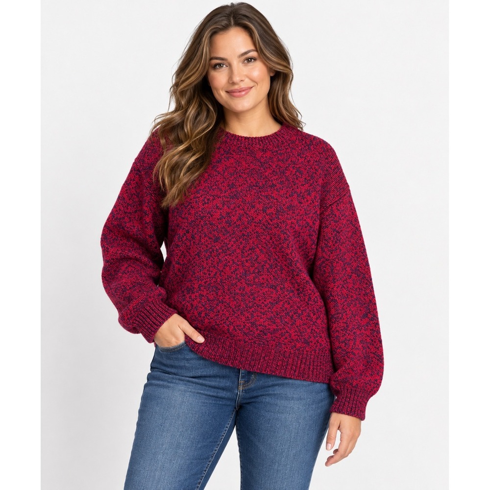 Eddie Bauer Sweater Mens Medium Red Navy Marled Wool Blend Crewneck Chunky Knit